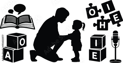 Early Childhood Education Silhouette, Minimalist Literacy and Learning Activity Illustration