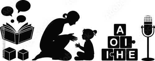 Early Childhood Education Silhouette, Black and White Learning Icons with Adult and Child