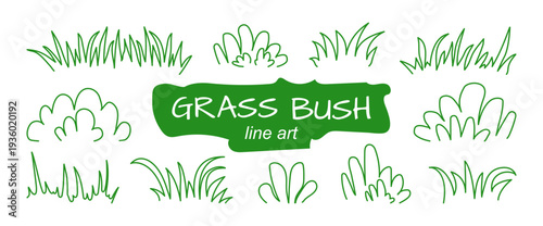 Grass line doodle, bush grass outline sketch icon, lawn hand drawn set. Simple tree green editable stroke, spring plant and hassock silhouette isolated on white background. Foliage vector illustration