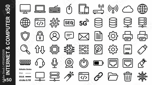 Tech and Internet Icons Set: a comprehensive collection of devices, connectivity, cloud, and digital media symbols for UI design