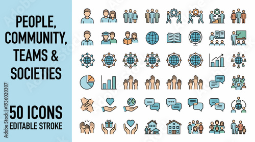 People, Community, Teams & Societies: 50 Editable Stroke Icons Set for Social, Workplace and Collaboration Graphics
