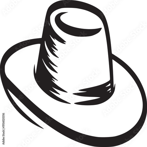 A black and white graphic illustration of a hat with a wide brim on a white background design art