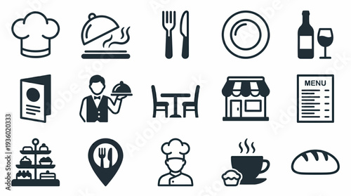 Comprehensive set of restaurant and culinary icons including chef hat, cloche, utensils, menu, bakery items, drinks, and dining symbols for UI design and branding