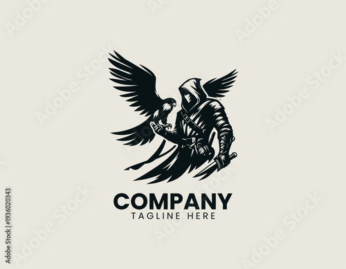 Hooded falconer holding bird of prey black vector logo illustration isolated on white background