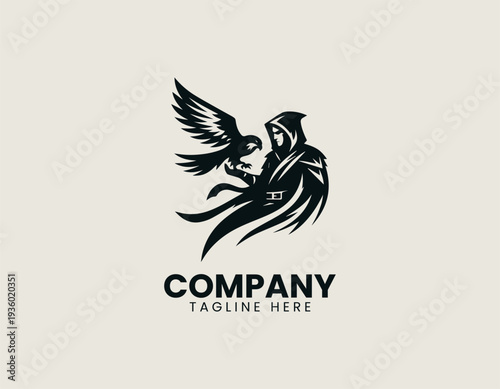 Hooded falconer holding bird of prey black vector logo illustration isolated on white background