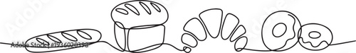 continuous line of various kinds of hand-made bread. one line drawing of bread Baguettes, white bread, croissants, donuts. one line Icon drawing