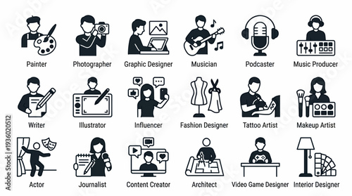 Vibrant collage of diverse creative professionals including painters, photographers, designers, musicians, writers, actors, and media creators.