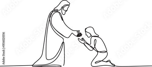 continuous line of God Jesus giving help. Sad people get Jesus' helping hand. one line Icon drawing