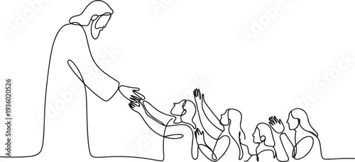 continuous line of God Jesus giving help. Sad people get Jesus' helping hand. one line Icon drawing