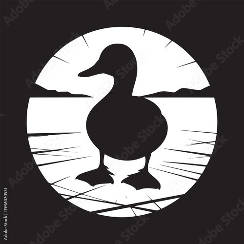 Silhouette of a duck standing in water inside a circle with a black background and white scenery