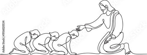 continuous line of God Jesus giving help. Sad people get Jesus' helping hand. one line Icon drawing