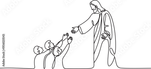 continuous line of God Jesus giving help. Sad people get Jesus' helping hand. one line Icon drawing