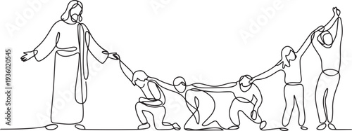 continuous line of God Jesus giving help. Sad people get Jesus' helping hand. one line Icon drawing