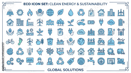 Eco Icon Set: A detailed collection of sustainability and renewable-energy symbols for green tech, recycling, conservation, and global eco solutions.