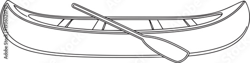 Wooden fishing canoe with paddle. Line sketch of boat. Outline vector illustration river transport. one line Icon drawing