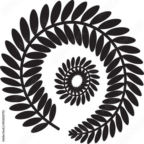 A black and white spiral pattern with plant leaves creating a hypnotic and organic abstract design