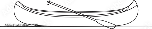 Wooden fishing canoe with paddle. Line sketch of boat. Outline vector illustration river transport. one line Icon drawing
