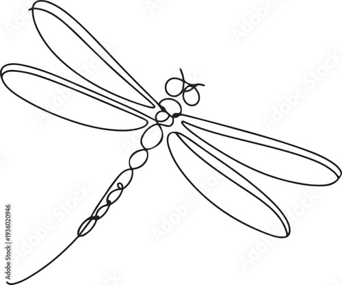 Dragonfly one continuous line illustration. Hand drawn doodle sketch of insect. one line Icon drawing