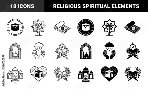 Islamic religious symbols combining traditional elements with modern geometry featuring kaaba clock prayer rug mosque arch and quran calligraphy
