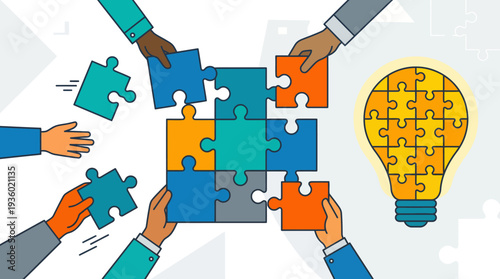 Diverse hands collaborate to assemble colorful puzzle pieces around a glowing lightbulb, symbolizing teamwork and innovation