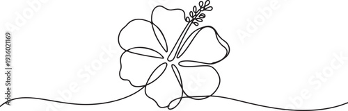 Hibiscus flower in one continuous line drawing. Floral abstract symbol in simple linear style. Organic red herbal tea concept in editable stroke. one line Icon drawing
