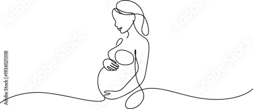Beautiful pregnant Woman in one continuous line drawing. Healthy pregnancy and birth baby symbol in simple linear style. one line Icon drawing