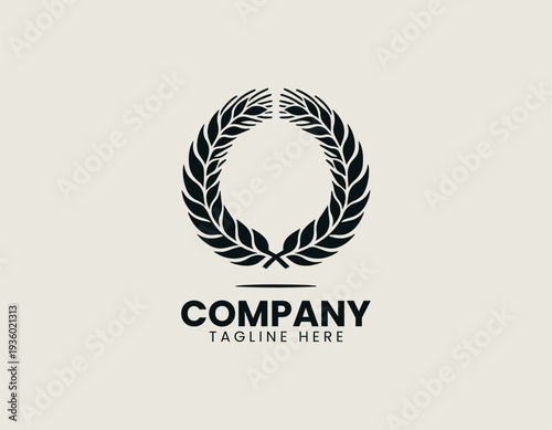 Symmetrical wheat wreath with crossed stems is presented as clean monochrome vector logo on white background for agricultural and organic branding use