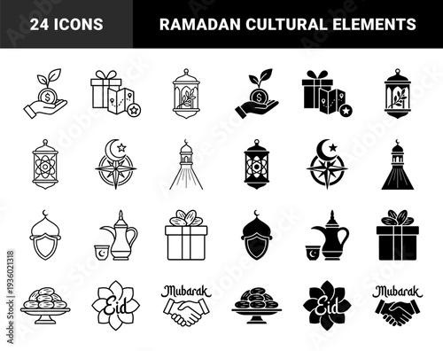 Islamic religious symbols merging traditional elements with modern concepts including mosque lanterns with atomic orbits and crescent moon compasses