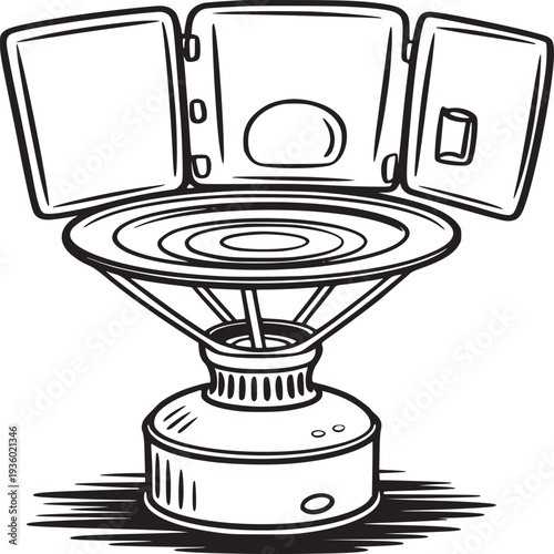 A black and white drawing of a portable camping stove with three open doors and a circular base design