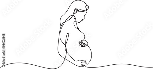 Beautiful pregnant Woman in one continuous line drawing. Healthy pregnancy and birth baby symbol in simple linear style. one line Icon drawing