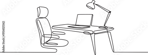 One continuous line drawing of home office interior. Modern work desk and chair with laptop and lamp in simple linear style. Remote distant work concept. one line Icon drawing