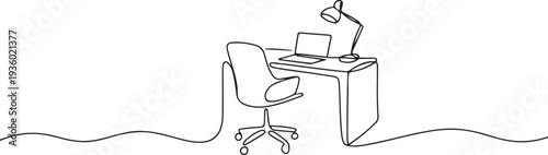 One continuous line drawing of home office interior. Modern work desk and chair with laptop and lamp in simple linear style. Remote distant work concept. one line Icon drawing