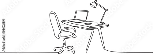 One continuous line drawing of home office interior. Modern work desk and chair with laptop and lamp in simple linear style. Remote distant work concept. one line Icon drawing