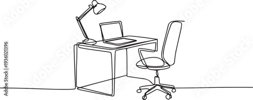 One continuous line drawing of home office interior. Modern work desk and chair with laptop and lamp in simple linear style. Remote distant work concept. one line Icon drawing