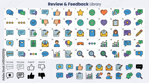 Review & Feedback Library: A comprehensive icon set for reviews, feedback, ratings, and user communication in UX/UI design.