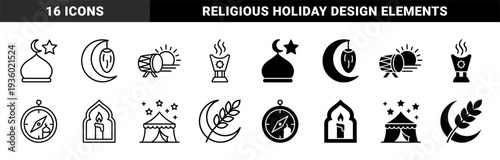 Islamic ramadan hybrid icons featuring mosque crescent moon with date fruit and prayer compass in line and solid glyph style for religious holiday