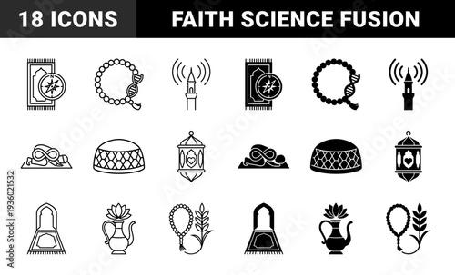 Islamic spiritual symbols merged with modern scientific and geometric concepts featuring prayer rug compass dna rosary and minaret signal motifs
