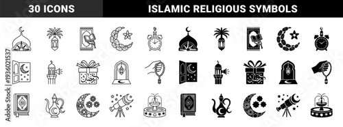 Islamic Religious Hybrid Iconography Featuring Ramadan Traditions Mosque Architecture Prayer Beads Quran Book Crescent Moon And Lantern Symbols in Dual Line and Solid Styles