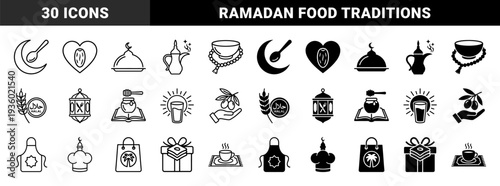 Islamic Ramadan symbols merged with culinary elements featuring crescent moon spoon date heart and mosque dome cloche in outline and solid styles