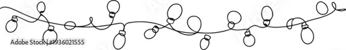 One continuous line drawing of Christmas garland with light bulbs. Festive festoon xmas string and divider border in simple linear style. one line Icon drawing