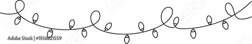 One continuous line drawing of Christmas garland with light bulbs. Festive festoon xmas string and divider border in simple linear style. one line Icon drawing