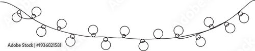 One continuous line drawing of Christmas garland with light bulbs. Festive festoon xmas string and divider border in simple linear style. one line Icon drawing