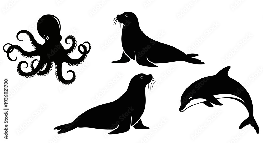 Obraz premium Marine Animals Silhouettes: Octopus, Seals, and Dolphin Vector Illustration