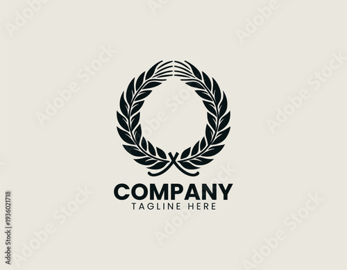 Symmetrical wheat wreath with crossed stems is presented as clean monochrome vector logo on white background for agricultural and organic branding use