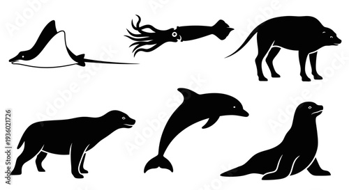 Marine and Wild Animal Silhouettes Collection: Ray, Squid, Boar, Otter, Dolphin, Seal Icons