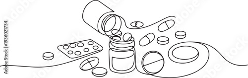 One continuous line drawing of medicine set with pills. Pharmaceutical components and capsules in container with drugs symbols in simple linear style. one line Icon drawing