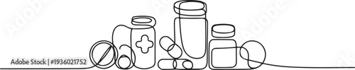 One continuous line drawing of medicine set with pills. Pharmaceutical components and capsules in container with drugs symbols in simple linear style. one line Icon drawing