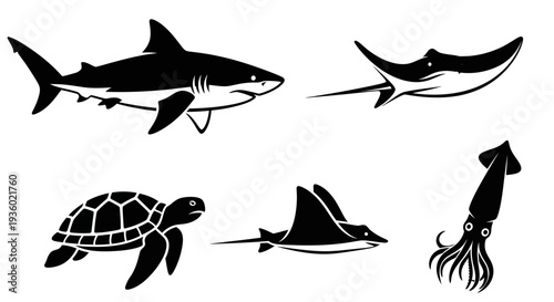Marine Animals Silhouettes Collection: Shark, Ray, Turtle, Squid Vector Icons Set