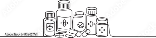 One continuous line drawing of medicine set with pills. Pharmaceutical components and capsules in container with drugs symbols in simple linear style. one line Icon drawing