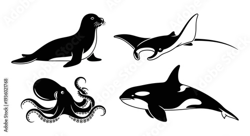 Marine Animals Silhouette Set: Seal, Manta Ray, Octopus, and Orca Vector Icons Collection